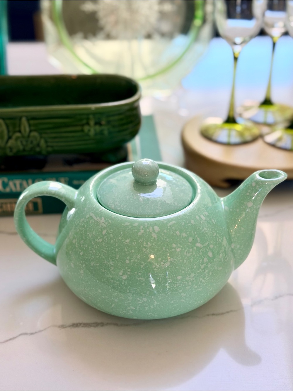 Vintage Speckled Mint Ceramic Teapot